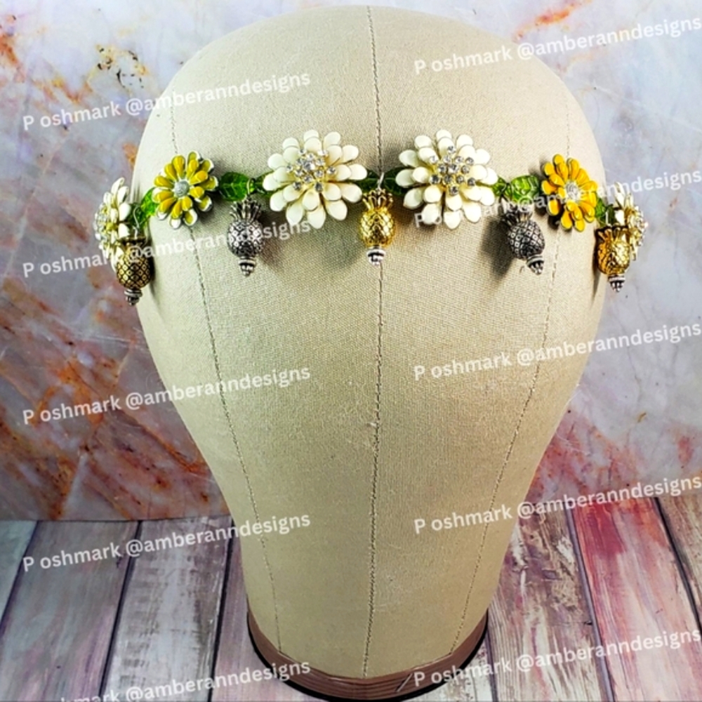 One Of A Kind White & Yellow Floral Headband w/ Gold & Silver Pineapple Accents